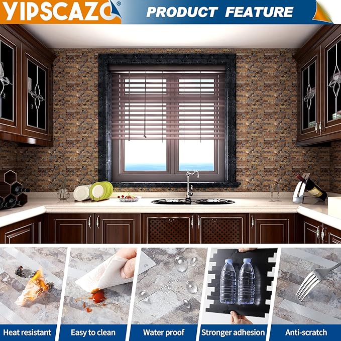 Yipscazo Peel and Stick Stone Metal Backsplash, Stick on Tiles for Backsplash Kitchen (Brown Stone Rock, 1-Pack)