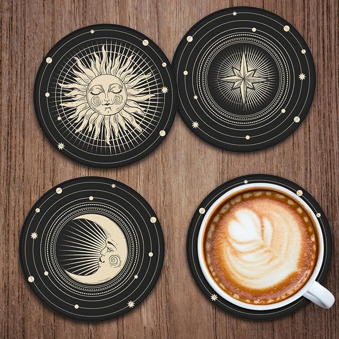 Sun Star Moon Leather Drinks Coasters with Holder, Set of 6, Suitable for Various Cups