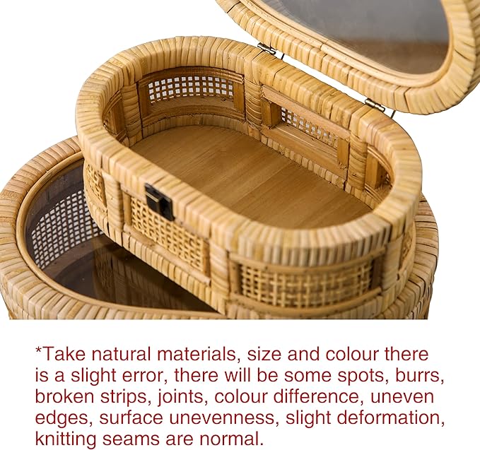 SOFE Oval Rattan Boxes with Glass Lid Set of 2, Farmhouse Stacking Decorative Boxes for Home Decor Organizers, Handwoven Boho Storage Bins, Thanksgiving, Christmas, Housewarming Gifts