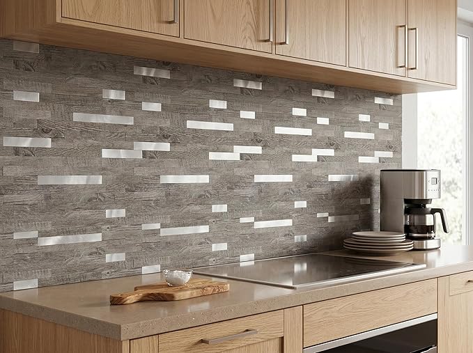 Yipscazo 1 Sheet Peel and Stick Stone Metal Tile Backsplash, Stick on Tiles for Backsplash Kitchen, Bathroom, Laundry Room, Camper, Fireplace (12'' X 12'', Gray Wood with Metal)