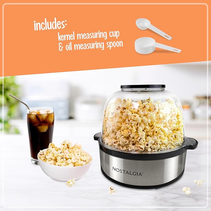 Nostalgia Non Stick Stirring Popcorn Maker for 24 Cups of Theatre Style Popcorn with Hot Oil - Dual-Use Lid & Serving Bowl - Quick Heat Technology & Cool Touch Handles - Ez Store - Stainless Steel