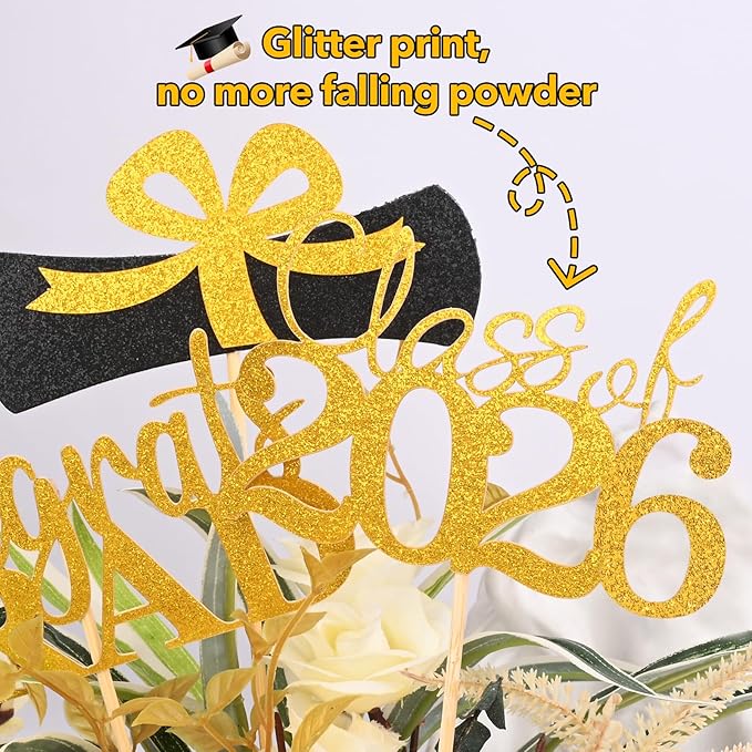 Graduation Decorations 2026, 20 PCS Sparkling Black and Gold Double-Sided Centerpiece Sticks for Tables, Class of 2026 Table Toppers and Party Supplies