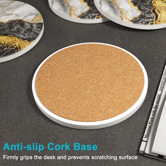 Nipichsha Coasters for Drinks, Set of 6 Cute Absorbent Ceramic Drink Coasters for Cup with Holder and Cork Base, Kitchen Home Decor Housewarming Gift, Round 4 in, White Black Gold