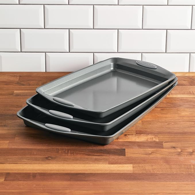 Rachael Ray Nonstick Bakeware Set with Grips, Nonstick Cookie Sheets / Baking Sheets - 3 Piece, Gray with Sea Salt Gray Grips