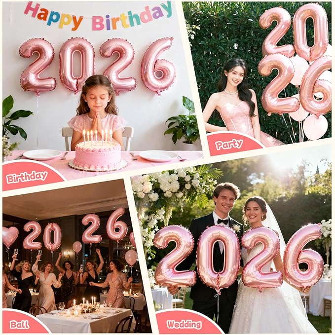 Rose Gold 2026 Balloons, 16 Inch Foil 2026 Number Balloons, Grad Balloons for Class of 2026 Graduation Party, Rose Gold Matellic Foil New Year Birthday Home Office Party Supplies