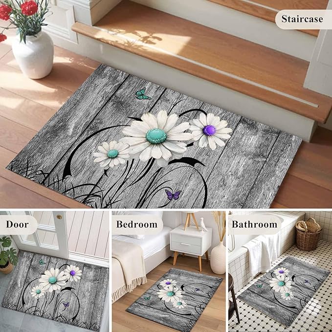 Area Rug 2x3ft, Farm Daisy Shabby Wood Grain Washable Rugs for Living Room Bedroom, Vintage Flower Plant Butterfly Soft Non-Slip Area Rugs Rectangle Floor Carpet for Dining Room
