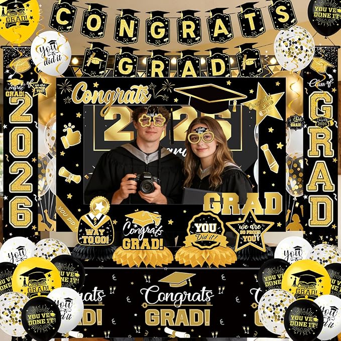 Graduation Decorations 2026 Set - Congrats Grad Banner, Class of 2026 Backdrop, Couplet, Honeycomb,Spiral, Photo Prop Frame Graduation Theme Masks Tablecloth Balloons Kit for Grad Party Decorations