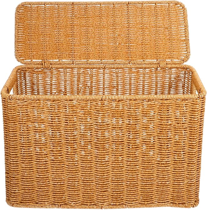 Alipis Woven Basket with Lid and Handle 15X11X6 Inch Portable Gap Storage Box for Organizing Toys Magazines Household Sundries