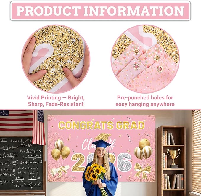 Pink 2026 Graduation Party Decor Kit-Includes Backdrop, Banner, Balloons, Hanging Ornaments & Honeycomb Decorations for Class of 2026 -Full Set for High School and University Graduation Events