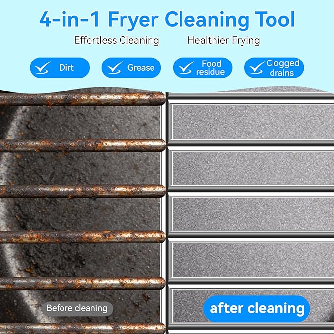 4-Piece Professional Deep Fryer Cleaning Kit - Commercial Stainless Steel Set with Dual-Layer Basket Brush, 3-in-1 Grill Scraper, L-Shape Brush & Drain Wand