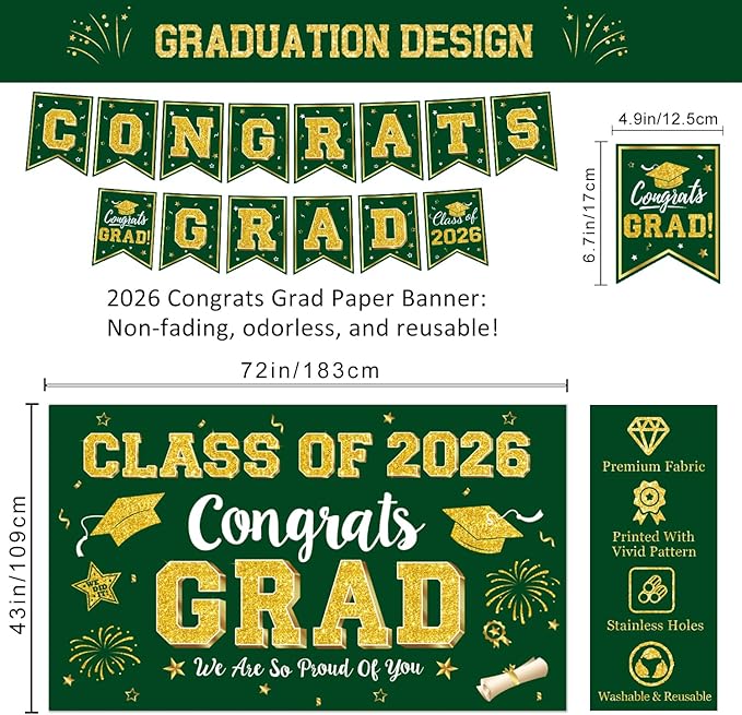 Graduation Decorations Class of 2026 - Green and Gold Graduation Party Supplies Include Backdrop, Banner, Hanging Swirls, Porch Sign, Balloons for Congrats Grad Decorations