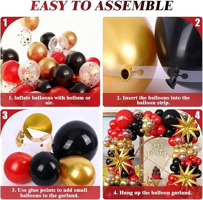Red Gold Black Balloons Arch Kit Garland for 2026 Graduation Decorations Grad Party Birthday Red Carpet Casino Theme Race Car Birthday Anniversary Party Decorations