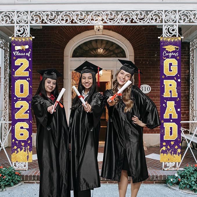 2026 Graduation Party Decorations - Purple Gold Class of 2026 Congrats Grad Porch Sign Banner Hanging Flag Graduation Party Supplies for School College Classroom Decor