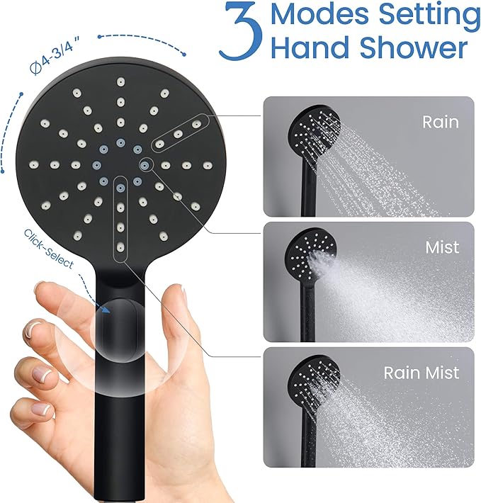 KIBI Circular Ceiling Mounted Shower System with 2-Function Faucet Set | Solid Brass Pressure Balanced Valve | Anti-Scald Design for Reliable Water Temperature Control (Matte Black Finish, KSF408)