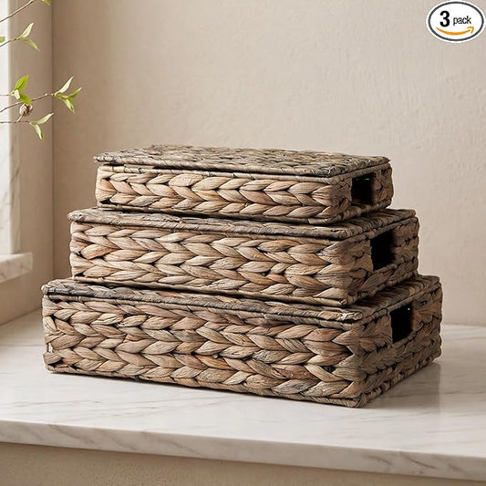 3 Pcs Wicker Storage Baskets with Lids 16" 14" 12" Water Hyacinth Pantry Baskets Woven Organizers Decorative Storage Boxes for Organizing Shelves, Bedroom, Living Room(Black)