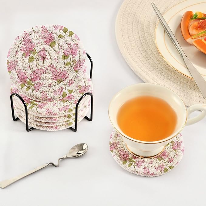 Bar Coasters for Drink Pink Flower Green Leaves Coaster Set with Metal Holder Cotton Woven Floral Set of 6 Coaster for Coffee Table, Bistro Tabletop, Home Decor, Kitchen,Housewarming