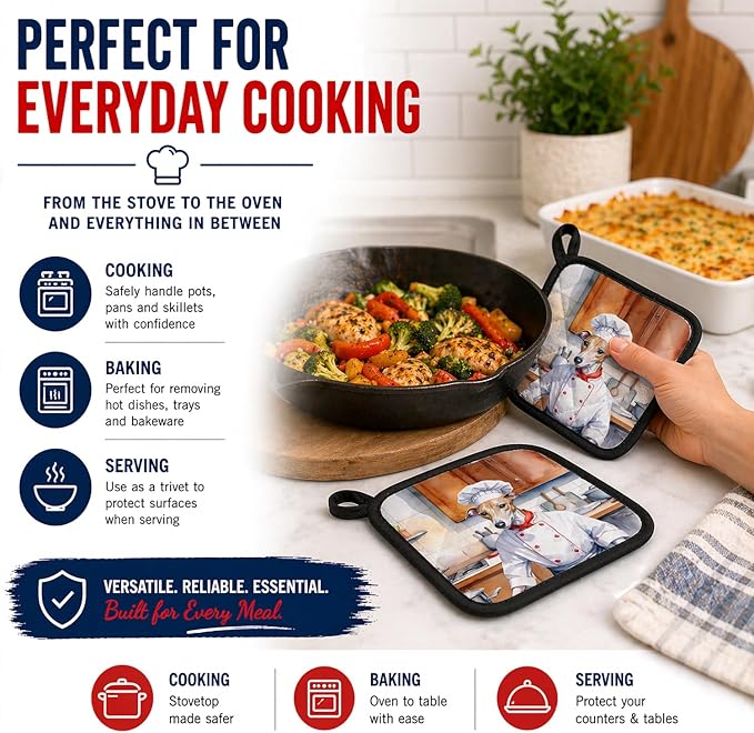 Caroline's Treasures Whippet The Chef Pair of Pot Holders Kitchen Heat Resistant Pot Holders Sets Oven Hot Pads for Cooking Baking BBQ, 7 1/2 x 7 1/2