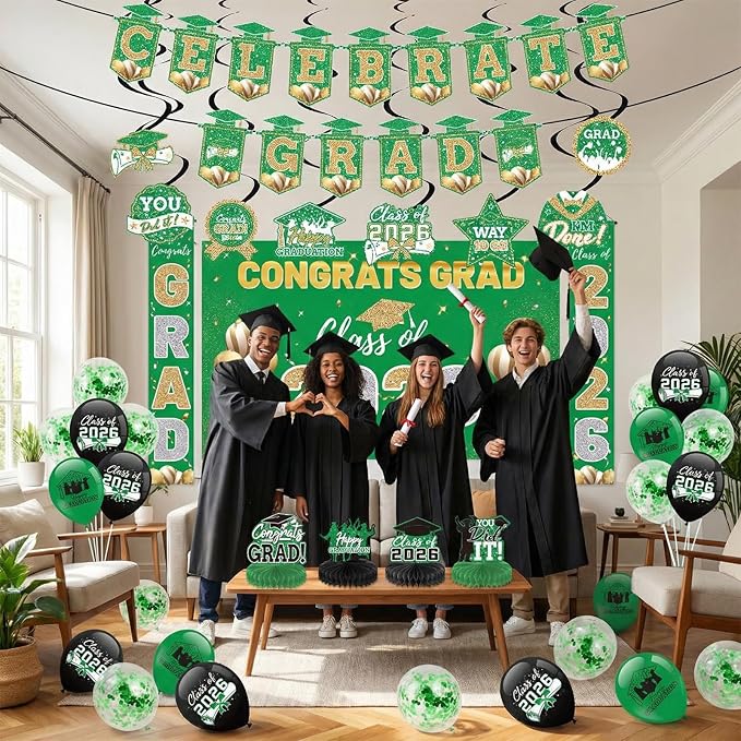 Green 2026 Graduation Party Decor Kit-Includes Backdrop, Banner, Balloons, Hanging Ornaments & Honeycomb Decorations for Class of 2026 -Full Set for High School and University Graduation Events