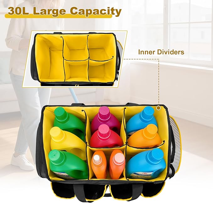 PGmoon Extra-Large Cleaning Caddy Organizer with Handle, Cleaning Supplies Tote Bag Built-in Support Boards, Cleaning Tool Organizer for Cleaners, Housekeepers, Kitchen Cleaning Supplies