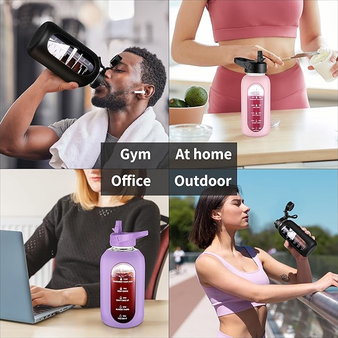 CIVAGO 64 oz Glass Water Bottle Jug with Straw and Handle, Half Gallon Sports Motivational Water Bottle with Time Marker, Wide Mouth Flask Canteen with Silicone Sleeve for Gym, Red