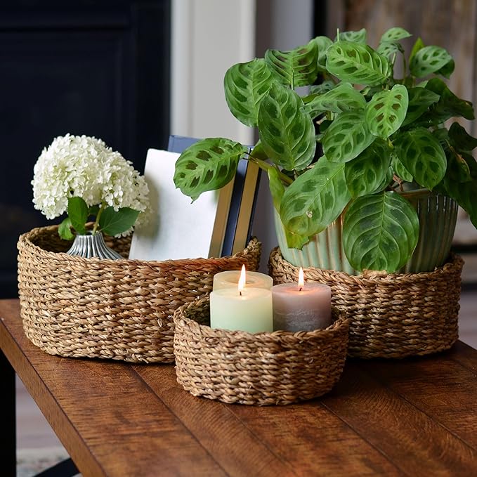 WHW Whole House Worlds Wicker Bread Basket Bowls, Set of 3, Thick Chunky Seagrass, Sweater Weave, Decorative, 11.75, 9.75, and 7.75 D Inches