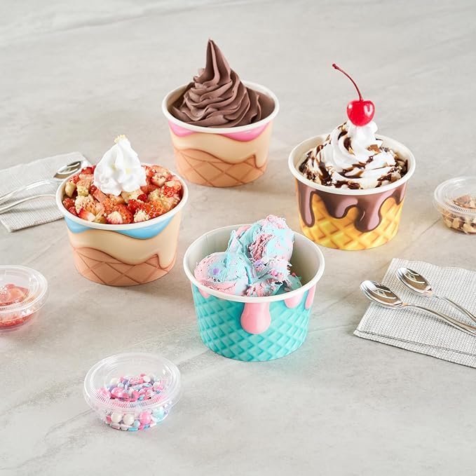 Restaurantware Ice Cream Cups 50 Pack of 8 oz Leak-Resistant Disposable Dessert Bowl Frozen Yogurt Cup Round Paper Container For Cold And Hot Desserts