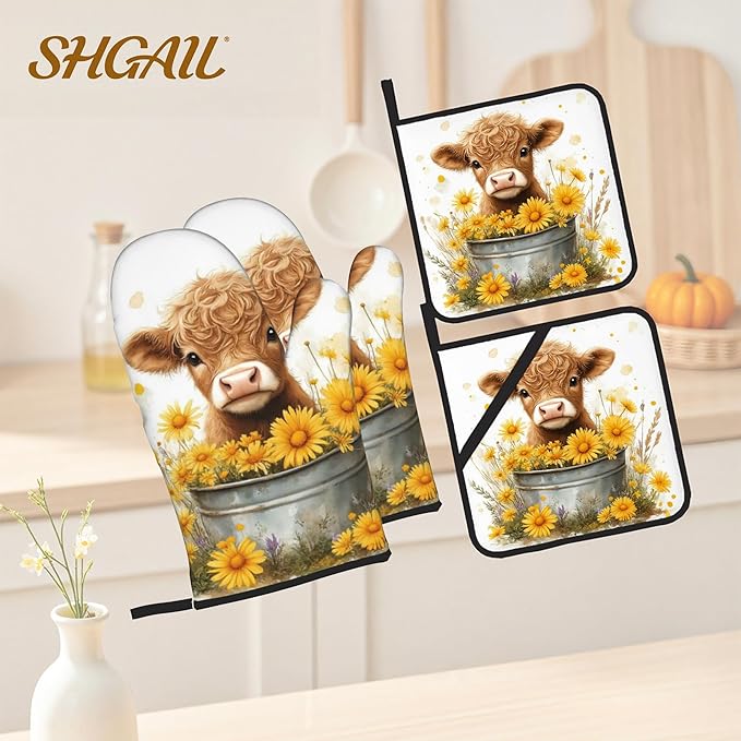 Highland Cow Flower Oven Mitts with Matching Potholders - Heat Resistant Kitchen Accessories for Baking, Grilling, Cooking, Gifts for Women
