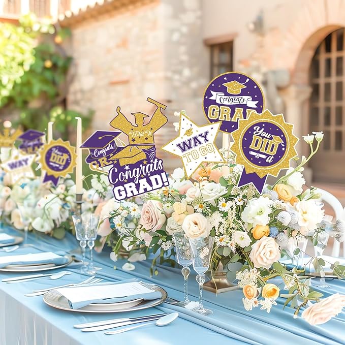2026 Graduation Party Decorations - 24 Pcs Class of 2026 Congrats Grad Table Centerpieces Graduation Table Decorations Sticks Table Toppers for Graduation Party (Purple Gold)