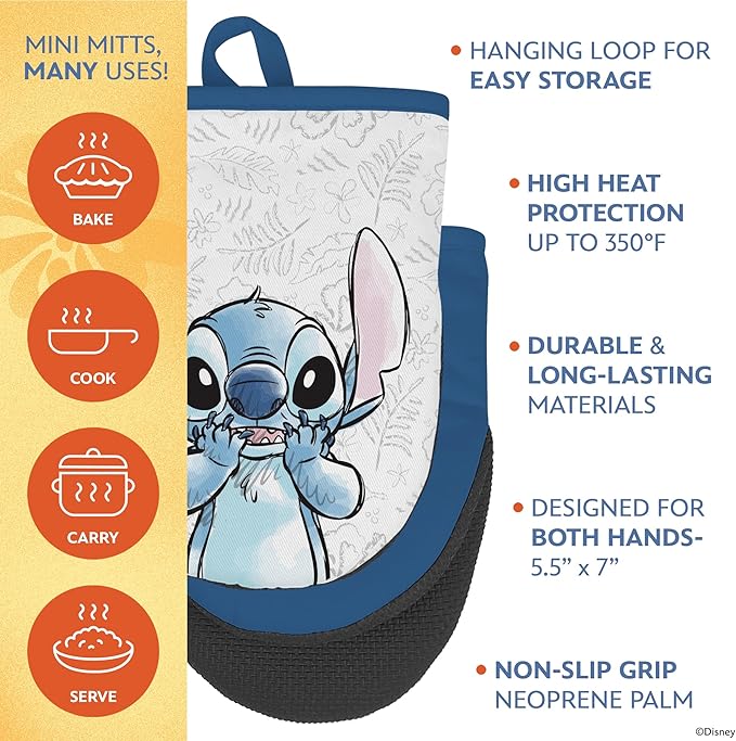 Disney Kitchen Towels & Oven Mitts Set – 4 Piece Bundle with 2 Cotton Dish Towels/Hand Towels & 2 Heat Resistant Mini Oven Mitts (Pot Holders) – Mickey, Stitch & Pooh (Stitch)