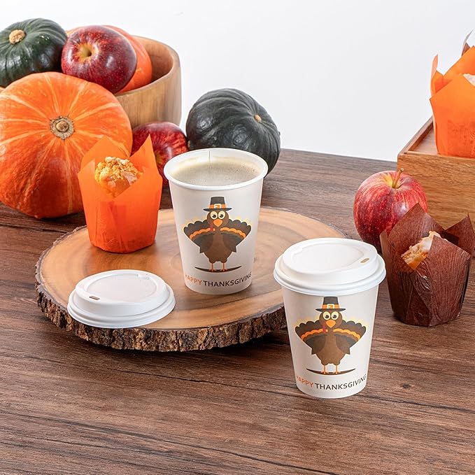 Restaurantware-Restpresso 12 Ounce Thanksgiving Party Cups, 20 Disposable Hot Cups With Plastic Lids - Turkey Design, Rolled Rim, Paper Coffee Cups, Single Wall, Serve Hot And Cold Drinks