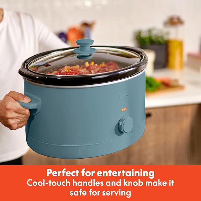 bella 6.0 Qt Manual Slow Cooker, Ceramic Nonstick Coating, 3 Temperature Settings, Dishwasher Safe Stoneware Pot and Tempered Glass Lid, Cool Touch Handles & Tangle Free Cord Wrap, Surf