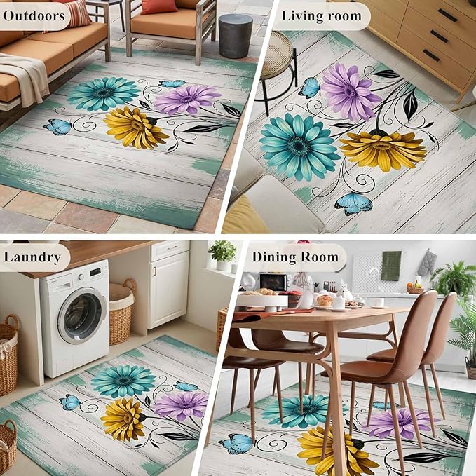Area Rug 4x6ft, Farm Flower Daisy Retro Wood Barn Washable Rugs for Living Room Bedroom, Blossom Flower Butterfly Soft Non-Slip Area Rugs Rectangle Floor Carpet for Dining Room