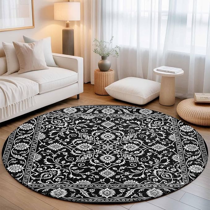 Washable Round Area Rug Paisley Vintage Black Floral Circle Rugs Floor Carpet for Living Room Bedroom, Classic Flower Texture Soft Non Slip Round Rug 5ft