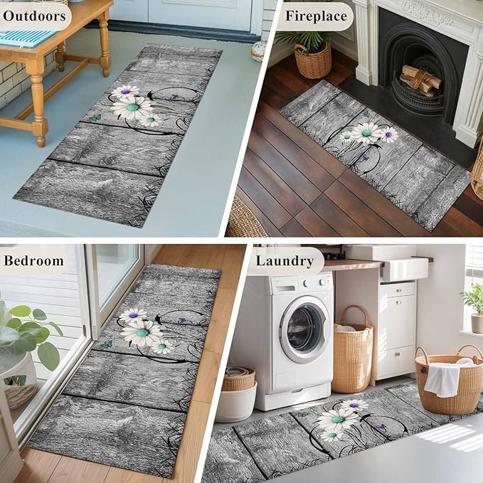 Runner Rug for Bedroom Hallway, Farm Daisy Shabby Wood Grain Kitchen Runner Rugs Area Rug 2x6ft, Vintage Flower Plant Butterfly Washable Soft Floor Carpet for Entryway Stair