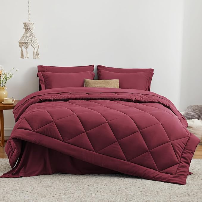 Love's cabin King Size Comforter Set Burgundy, 7 Pieces King Bed in a Bag, All Season Bedding Sets with 1 Comforter, 1 Flat Sheet, 1 Fitted Sheet, 2 Pillowcase and 2 Pillow Sham | Soft, Breathable, Lightweight, Comfortable