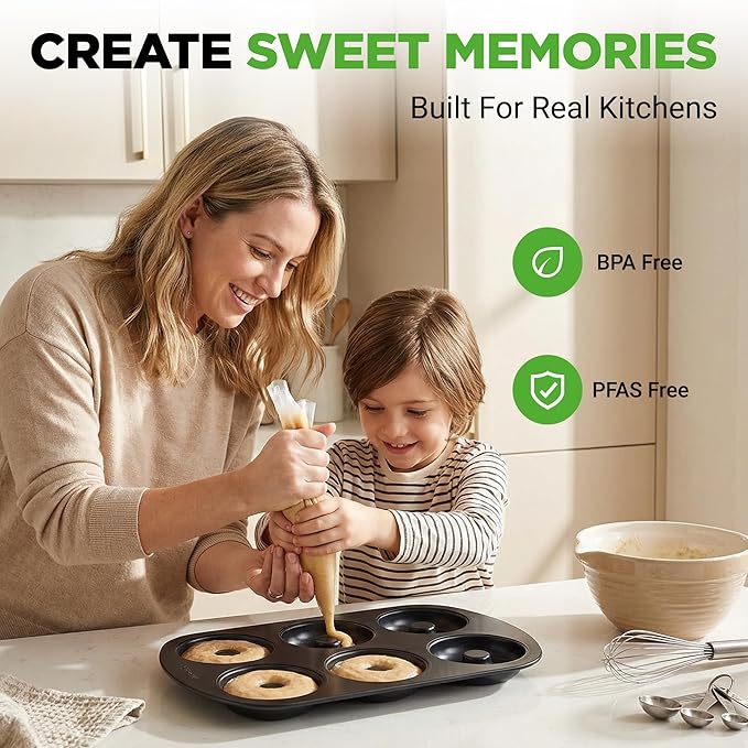 NutriChef Donut Mold | Nonstick Carbon Steel Donut Pan for Baking | 6-Cavity Tray with Bagel Mold Design | Oven Safe up to 450°F | Stainless Steel 12.5 x 8.5 Inch Bakeware | Black