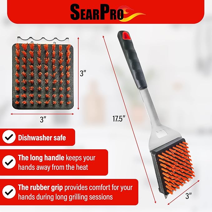 4-in-1 Grill Brush Combo by SearPro BBQ Cleaner Scraper Barbecue Tool Accessories Kit Heat Resistant Nylon Bristle Spatula Outdoor Smoker Black Stone Grate Cast Iron Spatula Non-Wire Brush (4 in 1)
