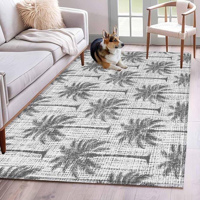 Area Rug 4x6ft, Summer Palm Tree Retro Linen Washable Rugs for Living Room Bedroom, Tropical Gray Botanical Soft Non-Slip Area Rugs Rectangle Floor Carpet for Dining Room