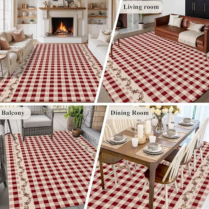 Area Rug 6x9ft, Vintage Red Buffalo Plaid Berry Washable Rugs for Living Room Bedroom, Farmhouse Western Star Soft Non-Slip Area Rugs Rectangle Floor Carpet for Dining Room