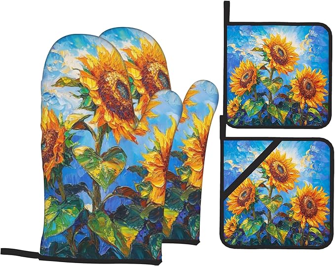 Sunflower Pattern Oven Gloves and Hot Pads Set - Heatproof Hand Protection for Baking, Grilling, Cooking 4Pcs