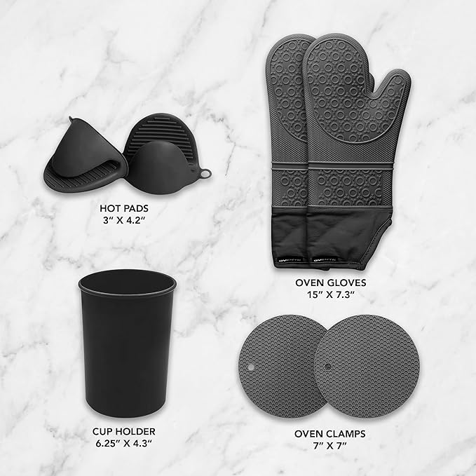 OVENTE Silicone Cooking Utensils Set, 17pcs Heat Resistant Kitchen Tools and Gadgets for Nonstick Cookware, BPA Free Spatula Set with Wooden Handle, Cup Holder, Oven Gloves and Hot Pads, Black SPS17B