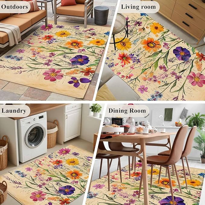 Area Rug 3x5ft, Farmhouse Colorful Small Flower Washable Rugs for Living Room Bedroom, Retro Backdrop Seamless Soft Non-Slip Area Rugs Rectangle Floor Carpet for Dining Room