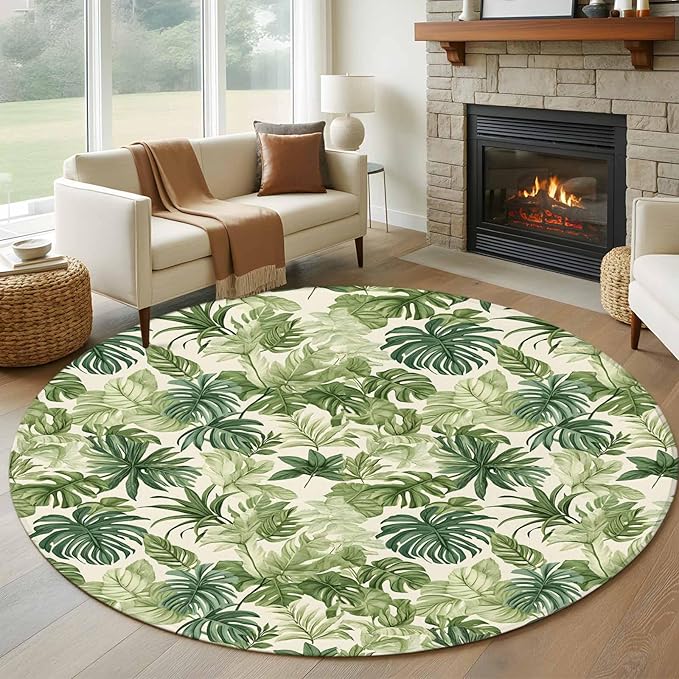 Washable Round Area Rug Green Palm Leaf Watercolor Circle Rugs Floor Carpet for Living Room Bedroom, Summer Tropical Leaves Soft Non Slip Round Rug 5ft