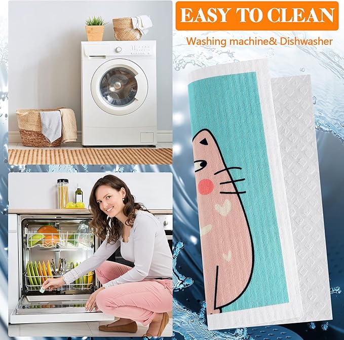 Patelai 6 Pack Swedish Dishcloth for Kitchen Cute Cat Dish Cloth Swedish Dish Towels Absorbent Reusable Paper Towels Washable Cleaning Cloths No Odor for Kitchen Decor
