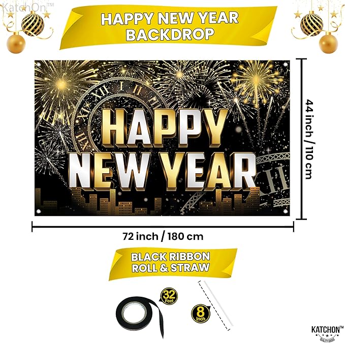 KatchOn, New Years Eve Party Supplies 2026 Set - Big, Pack of 21 | Black and Gold Happy New Year Banner, 2026 Balloon Numbers, New Year Foil Balloons | NYE Decorations 2026, New Years Decorations 2026