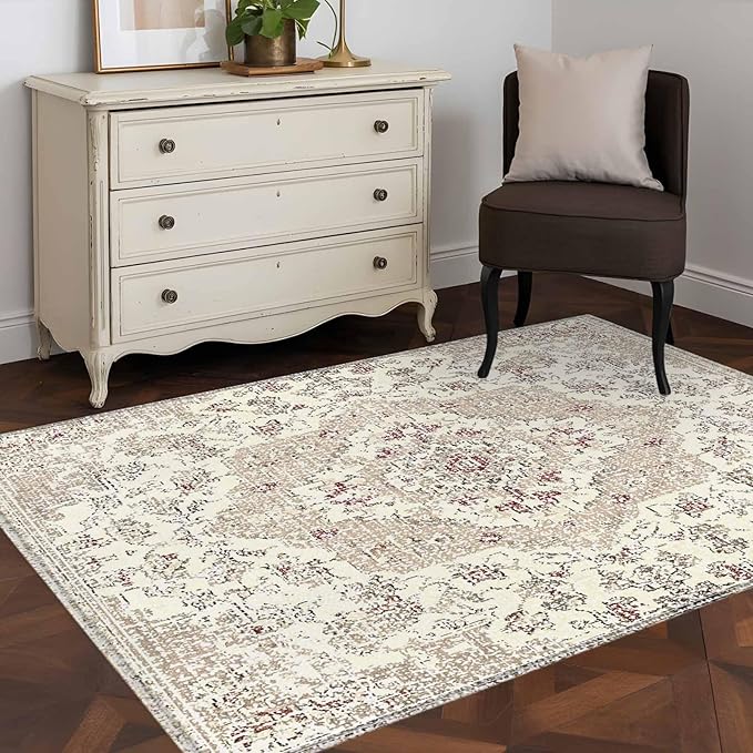 Beige Boho 3x5 Area Rugs, Vintage Ethnic Floral Non-Skid Rubber Backing Large Rectangle Rugs - Living Room Bedroom Home Office, Abstract Art Geometric Indoor Floor Mat Carpets Washable Rug