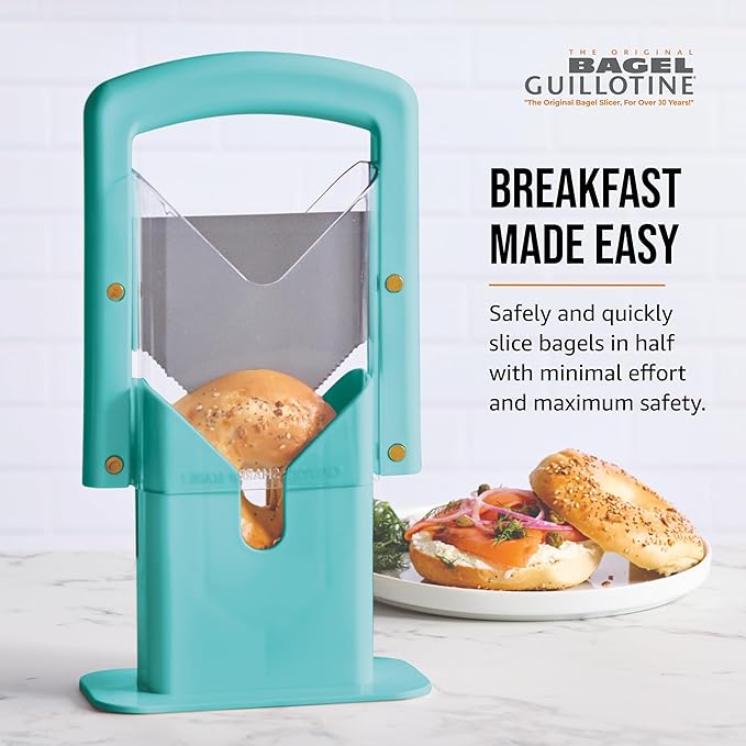 Hoan Bagel Guillotine Universal Slicer with Built In Safety Shield to Protect Fingers. Perfect for Smoothly Slicing Bagels, Buns, Muffins and More, Non Stick. 9.25 inch, Aqua Sky