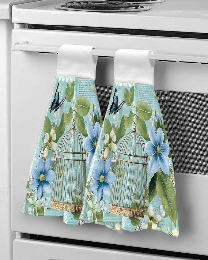 Alandar Home Kitchen Tie Towel Set of 2, Summer Flower Leaf Birdcage Absorbent Soft Hand Towels for Bathroom Hanging Towels, Retro Watercolor Butterfly Plant Fast Drying Cleaning Cloth with Loop