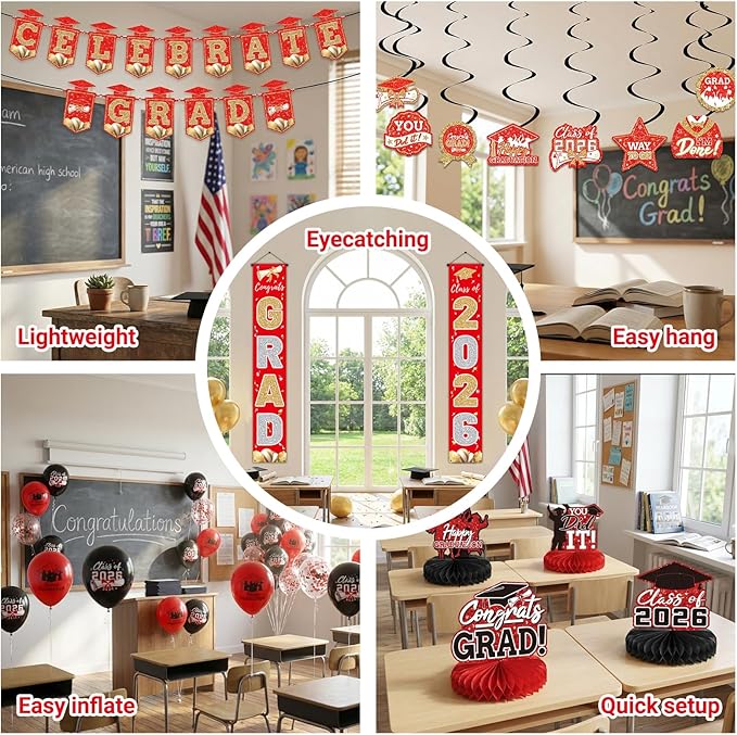 Red 2026 Graduation Party Decor Kit-Includes Backdrop, Banner, Balloons, Hanging Ornaments & Honeycomb Decorations for Class of 2026 -Full Set for High School and University Graduation Events