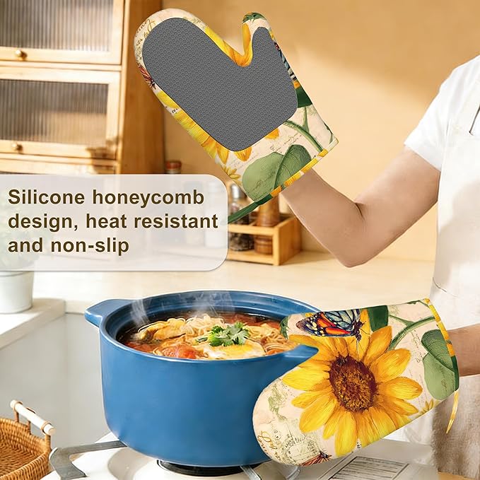 Sunflower Floral Butterfly Oven Mitts and Pot Holders Sets,Silicone Kitchen Mitts Potholders Heat Resistant 4Pcs Oven Gloves Hot Pads for Kitchen Baking Cooking
